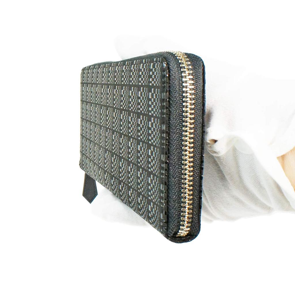 Inden Long Bundle Round Black X Black Different Checkered Pattern [Indenya] Wallet, Wallet, Y, Zipper, Deerskin, Lacquer, 2111-01-119