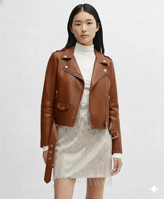 Куртка Коричневая Женская из Овчины Мотоциклетная Кожа Повседневная Натуральная Ручной Работы Стильная