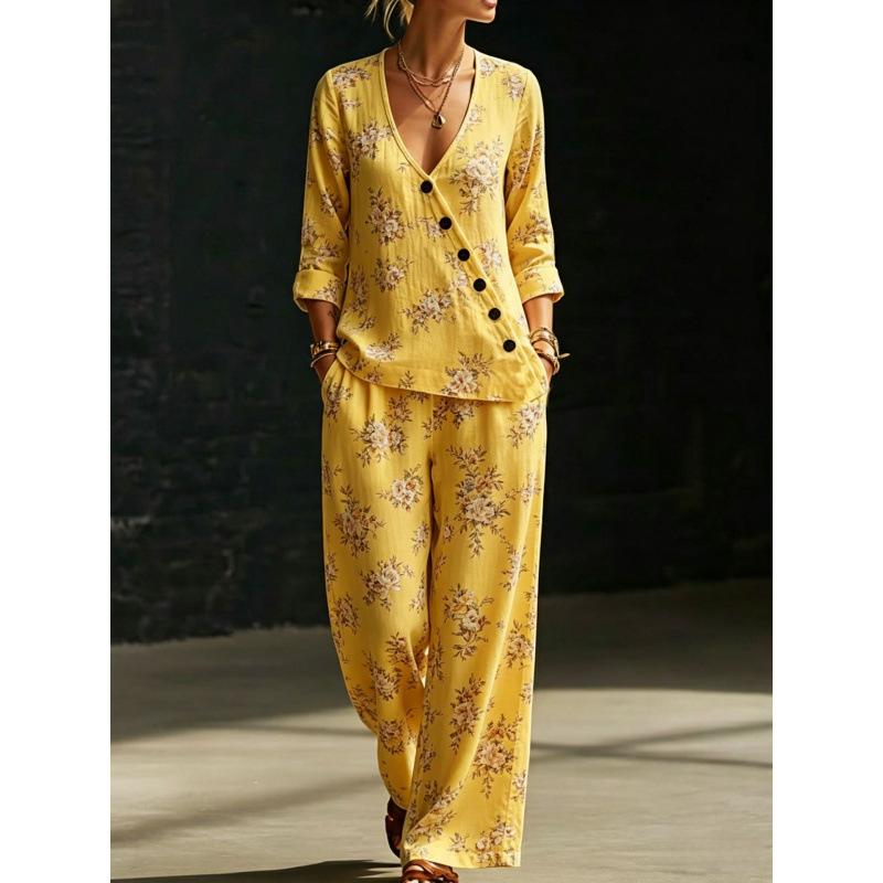 New plant branch and leaf print V-neck diagonal shirt wide-leg pants women's casual two-piece set