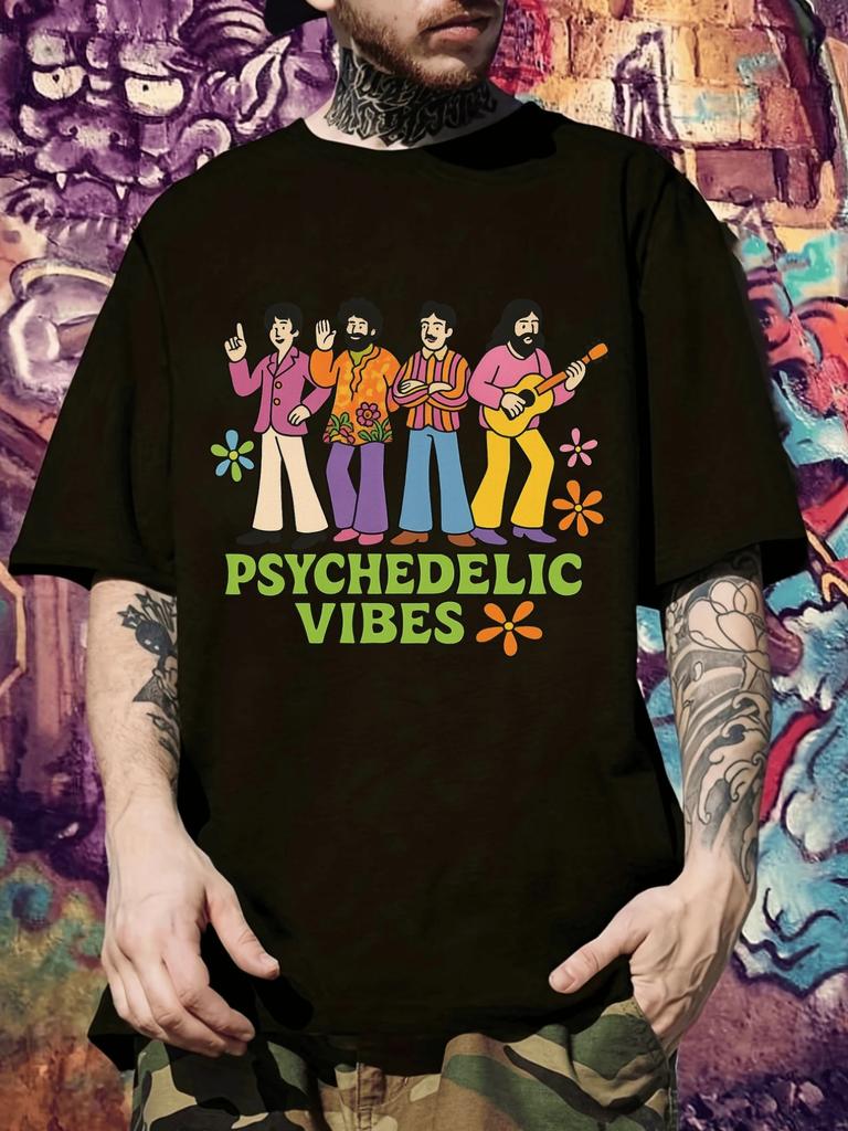 Retro Psychedelic Vintage Band Graphic T-shirt - Black with Multicolor Print - Lightweight Breathable Regular Fit Tee for Concerts