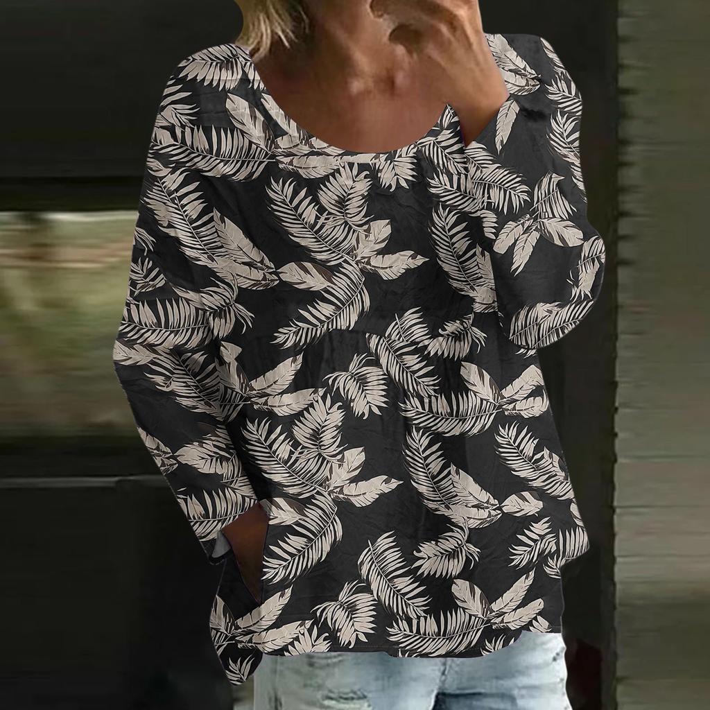 Женский повседневный модный свободный топ с круглым вырезом и цветочным принтом, с длинным рукавом