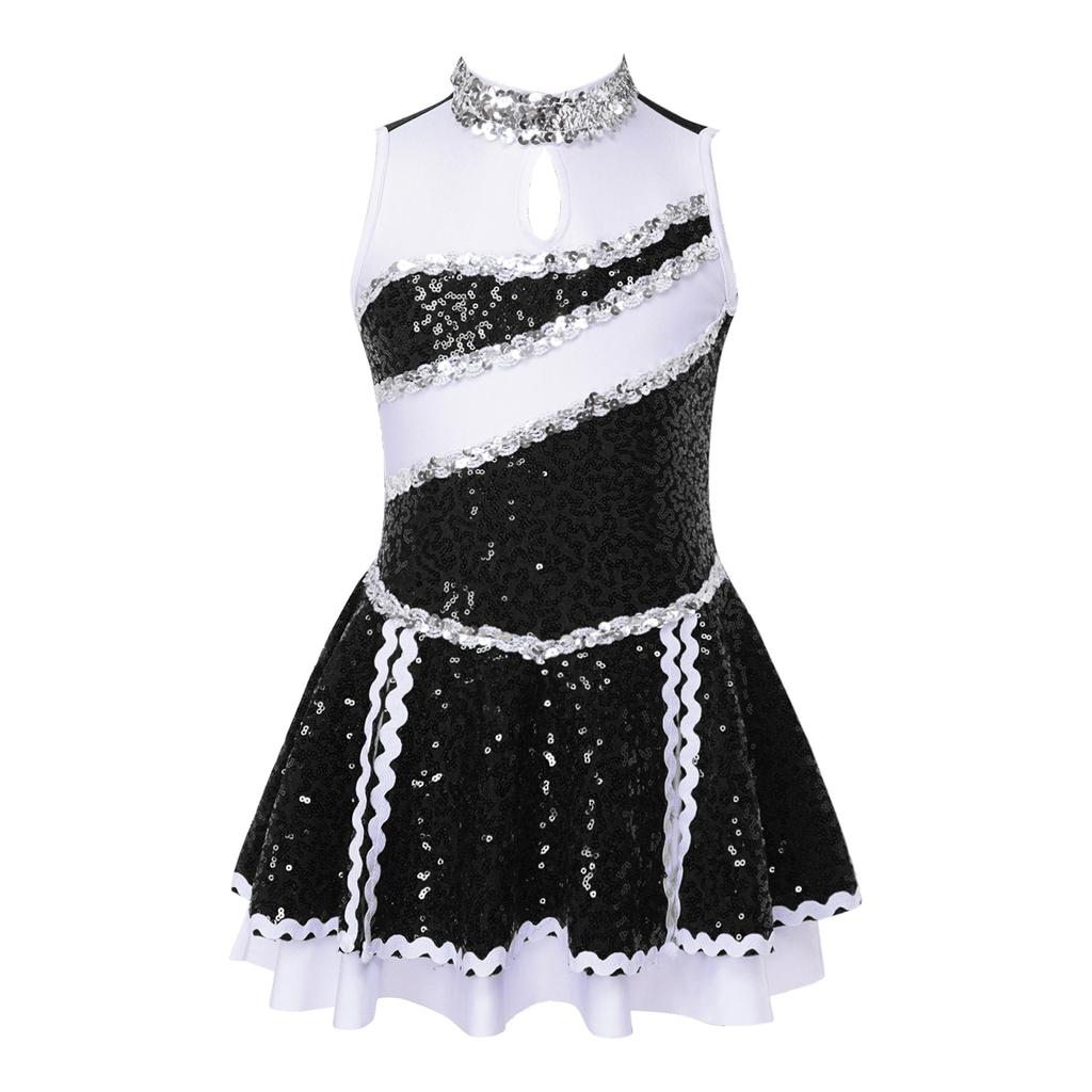 Girls Cheerleading Dress Sleeveless Round Collar Shiny Sequins Patchwork Design with Hidden Back Zipper Dance Costume