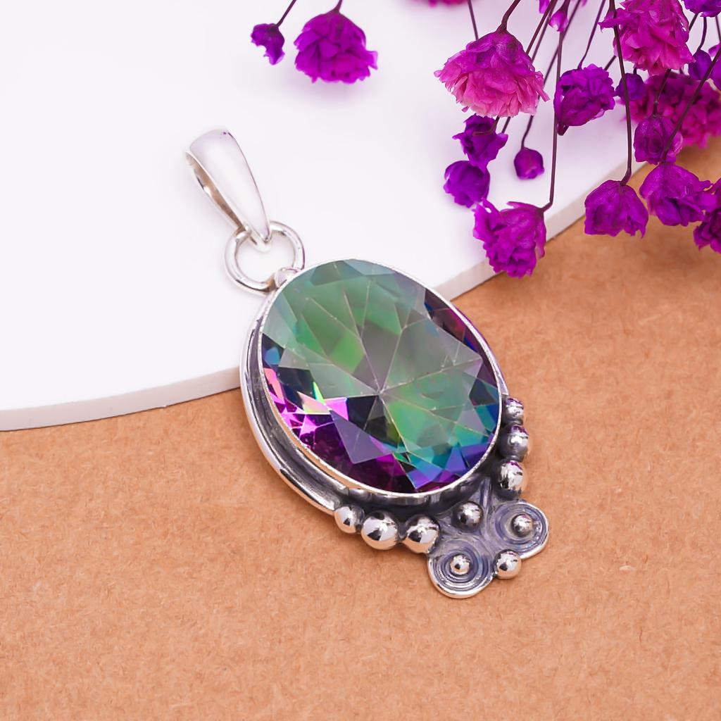 Радужный Мистический Топаз Подвеска из Стерлингового Серебра 925 пробы V7661, Радужная Подвеска, Овальная Подвеска, Подарок на День Святого Валентина, Подарок для Неё, Подарок на День Рождения, Ручная работа