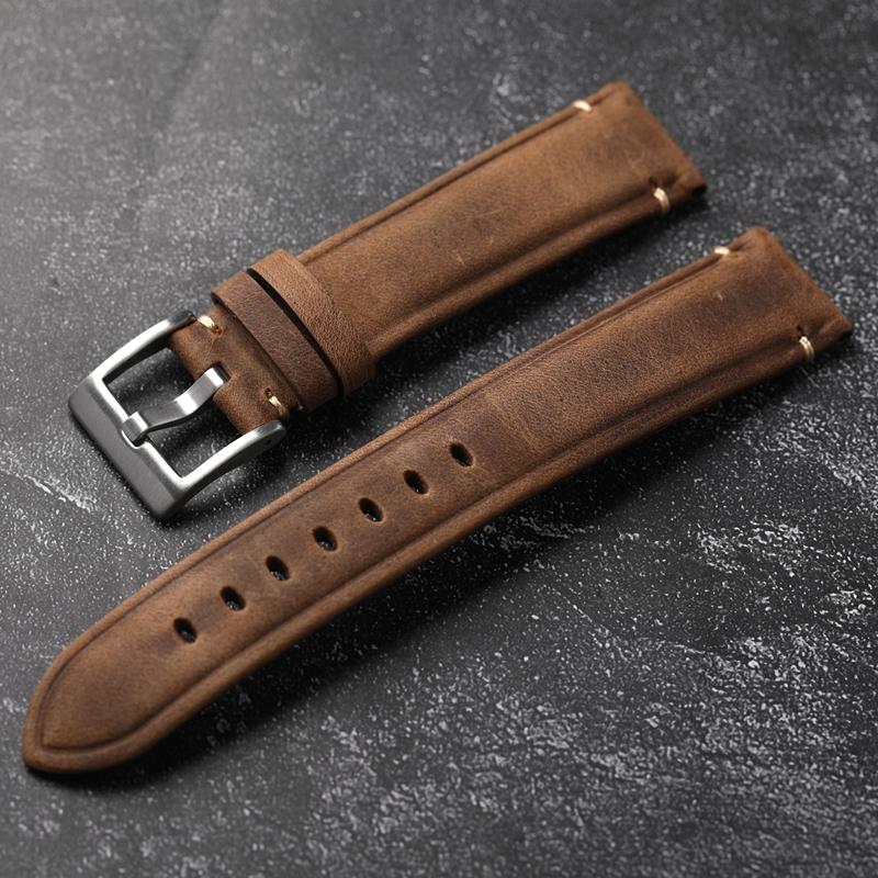 For Italian Oil Wax Leather Vintage Men Strap 18 19 20 21 22MM Thick Watch Bracelet Crazy Horse Leather Brown Bracelet