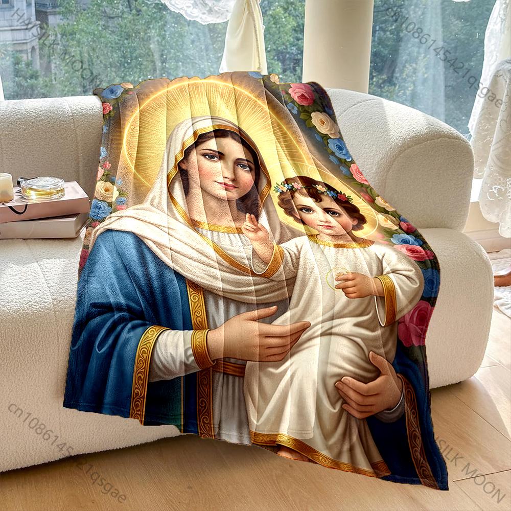 1PC Virgin Mary and Child Halo Flowers Print Blanket Warm Soft Fluffy Kids and Adult Sofa Bed Throw Blanket Travel Camping RV