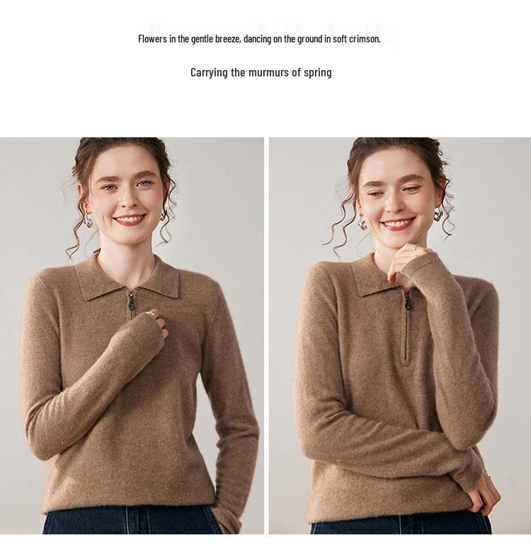 Women's Long-Sleeve Cashmere Half-Zip Polo Neck Sweater - Casual, Versatile, and Comfortable