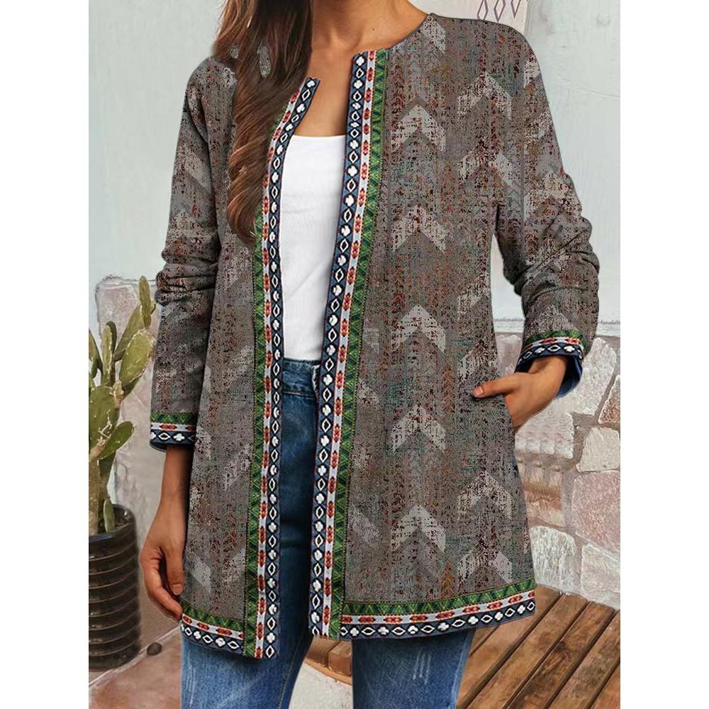 GMXIA Осень-зима винтажный этнический стиль принт большой размер куртка кардиган женская одежда