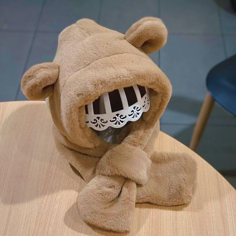 Зимняя детская шапка, шарф, цельная детская шапка из искусственного меха, теплая шапка с ушками в виде медведя из мультфильма для мальчиков и девочек, ветрозащитные шапочки, детские вещи