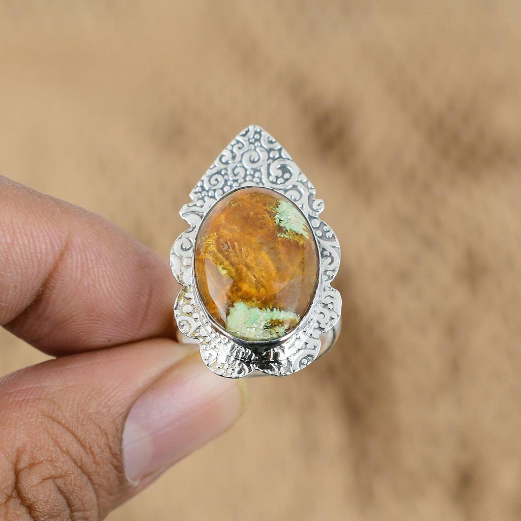 Wedding Gift For Her 925 Silver Natural Fossil Coral Promise Adjustable Ring