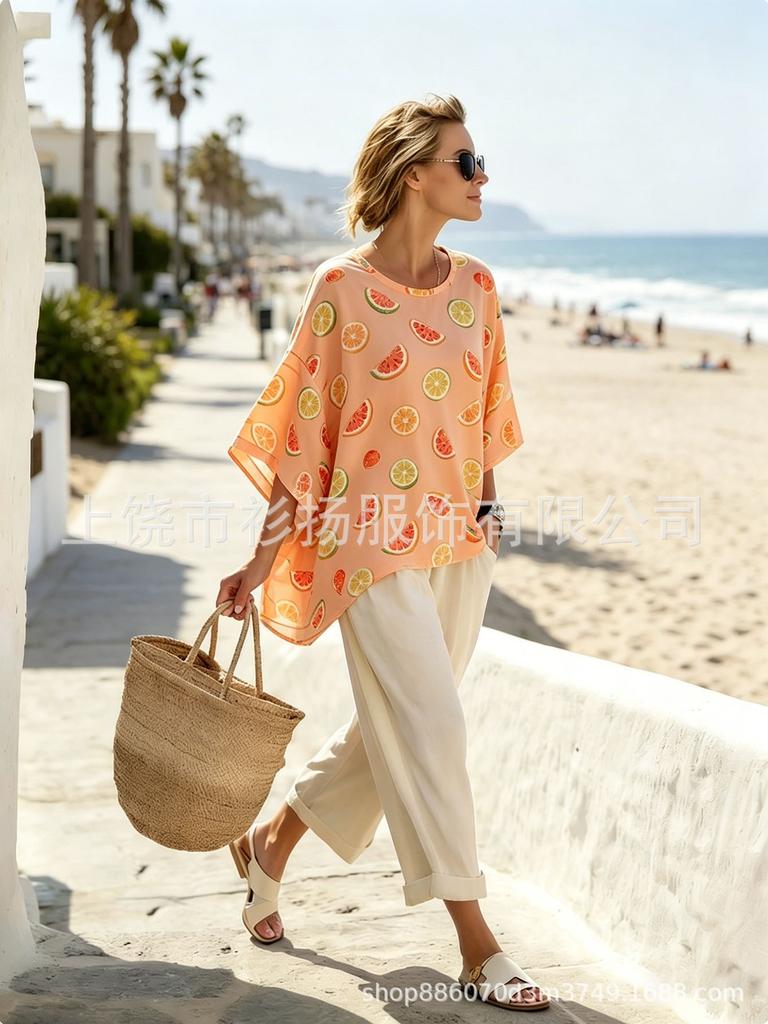 European and American color-blocked national flag print set, loose bat-sleeve wide-leg pants two-piece set, one for women