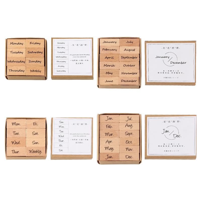 Yoofun 8pcs/12pcs One Week Wooden Stamp Set 12 Months Wood Rubber Stamps for Journaling Scrapbooking Card Making Seal Stationery