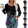 Long Sleeve Shirts For Women Cute Print Graphic Tees Blouses Dressy Casual Blouses Pleated Scooped Neck Tunic Tops Christmas