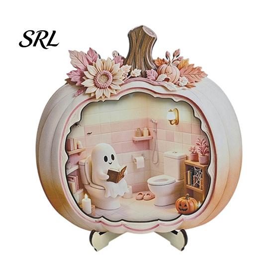 Indoor Fall Seasonal Ornament Halloween Ghost Pumpkin Wooden Plaque, 2D Flat Tabletop Sign, Desktop Festive Home Accessory Spooky Bathing Reading for