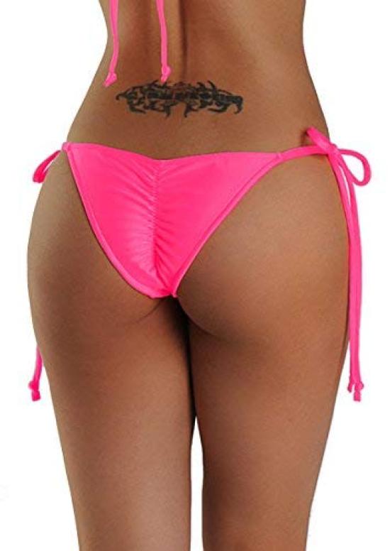 Swimsuit Tie Loop Brazilian Back Shirring Bikini Bottom Neon [Sanas] (M, (NP) Pink)