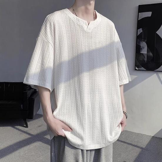 Мужская футболка с V-образным вырезом, коротким рукавом, текстурой с переплетением, однотонная свободная посадка, повседневные топы из ледяного шелка, повседневная одежда