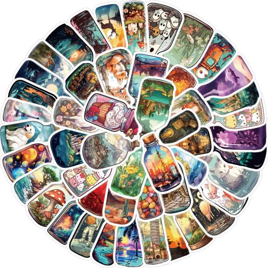 50 шт., наклейки на стеклянные бутылки с героями мультфильмов, различные милые наклейки «Мир в бутылке», граффити, декоративные виниловые художественные наклейки, водонепроницаемые наклейки для скейтборда, багажа