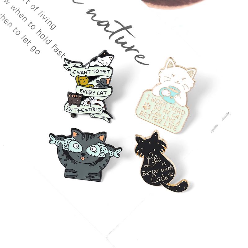 Life Is Better with Cats Enamel Pin Custom Cat Fish Coffee Brooches Shirt Lapel Bag Cute Animal Badge Jewelry Gift for Kids