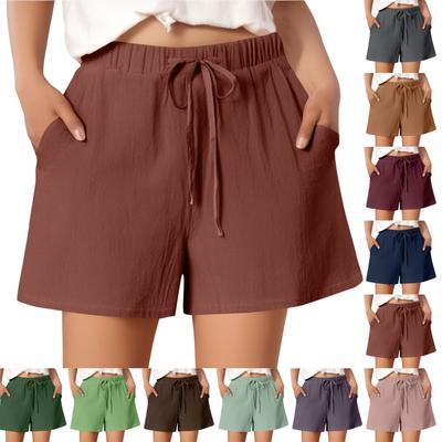 Женские повседневные хлопковые и льняные однотонные свободные шорты со шнуровкой и эластичным поясом длиной три четверти
