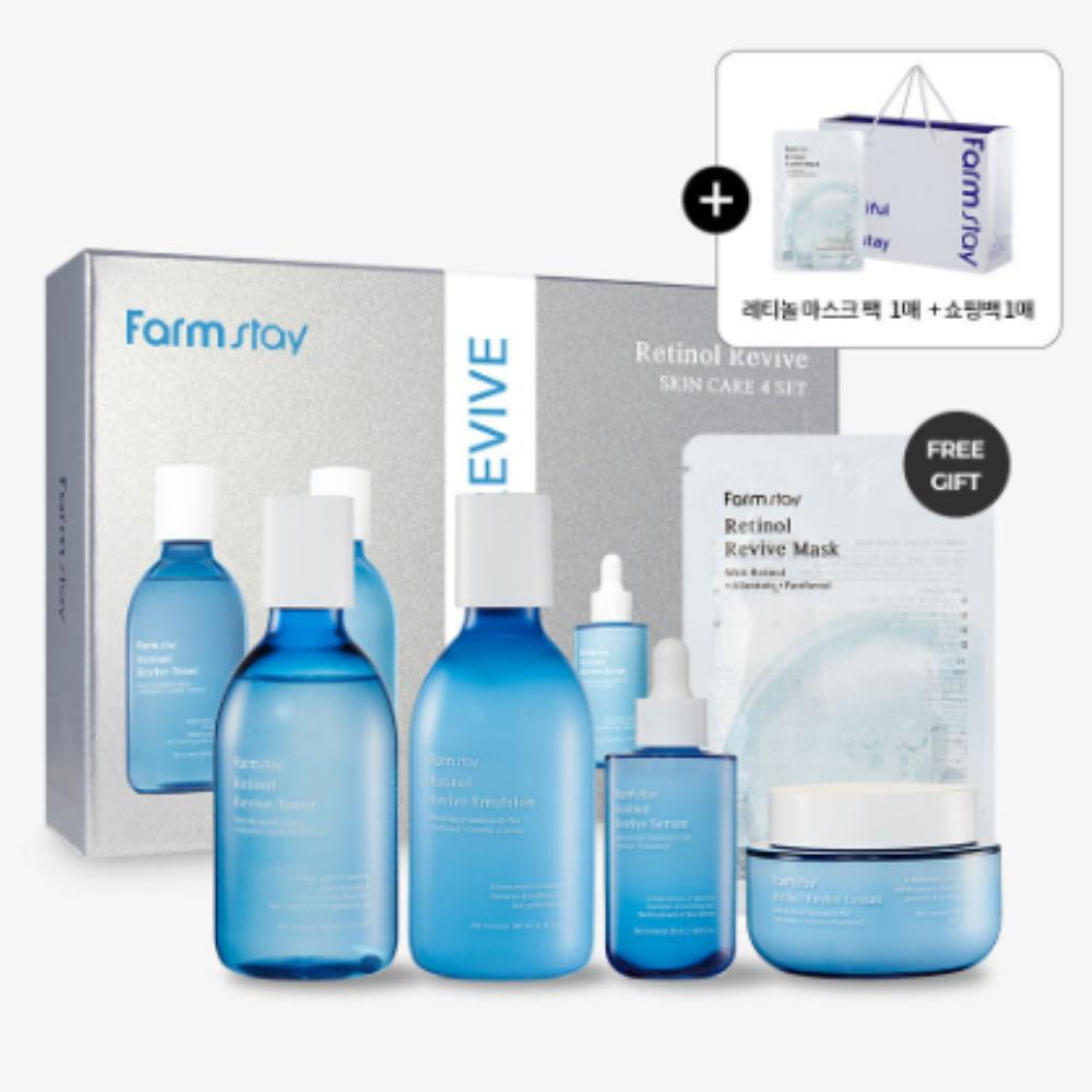 FARM STAY / Набор из 4 средств Retinol Revive Skincare (Тоник/Эмульсия/Сыворотка/Крем+Маска) / Омолаживающий уход для сияния кожи / Из Кореи