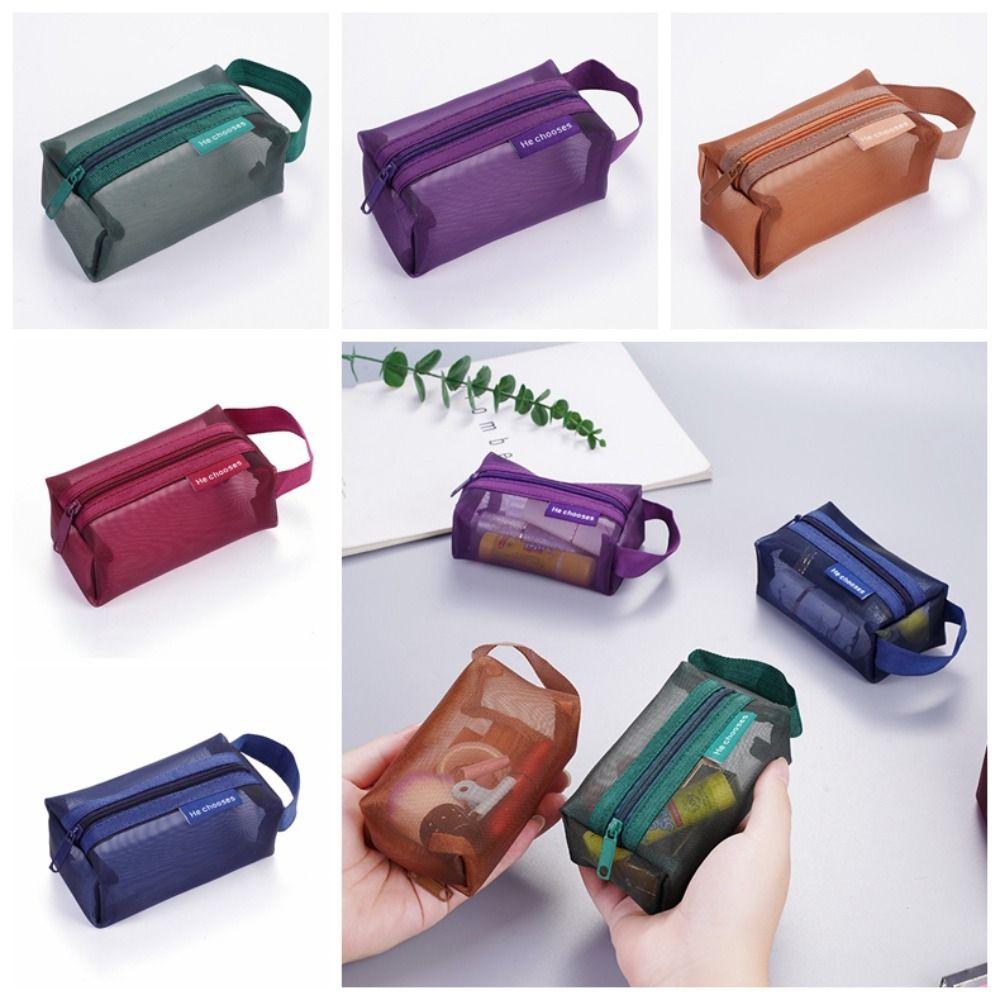 Retro Color Transparent Cosmetic Bag Zipper Toiletry Storage Bag Cute Mesh Makeup Bag Lady