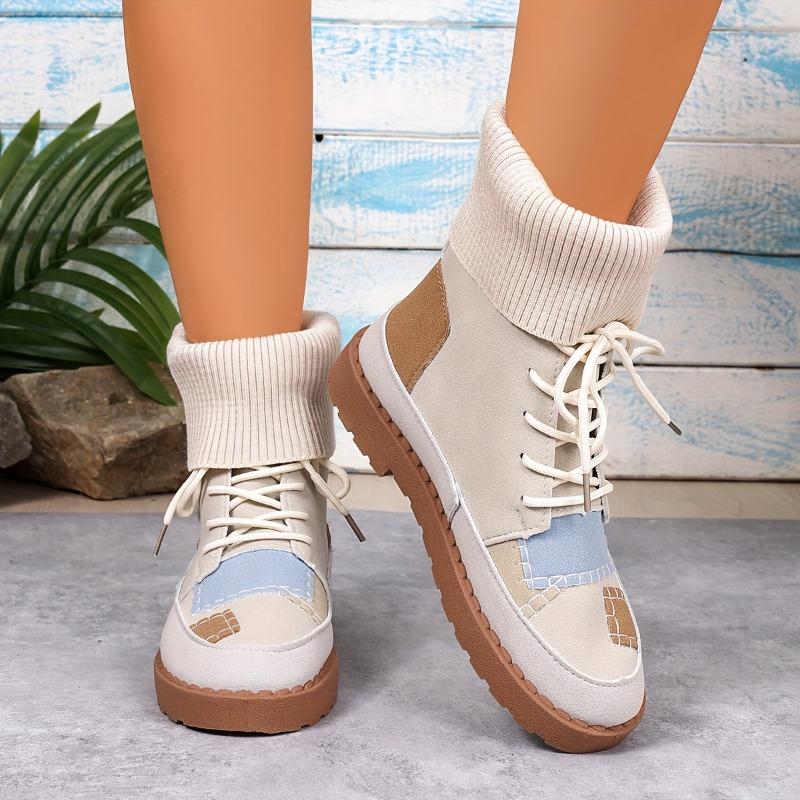 Beige & Blue Plaid Chunky Low Heel Lace-Up Ankle To Mid-Calf Booties - Round Toe Casual Winter with Sole & Fabric Upper