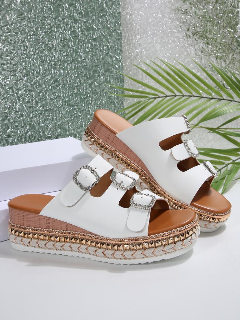 2025 Summer New Foreign Trade Muffin Thick-soled Double-buckle Rhinestone Cork Beach One-word Slippers Large-size Women's Shoes