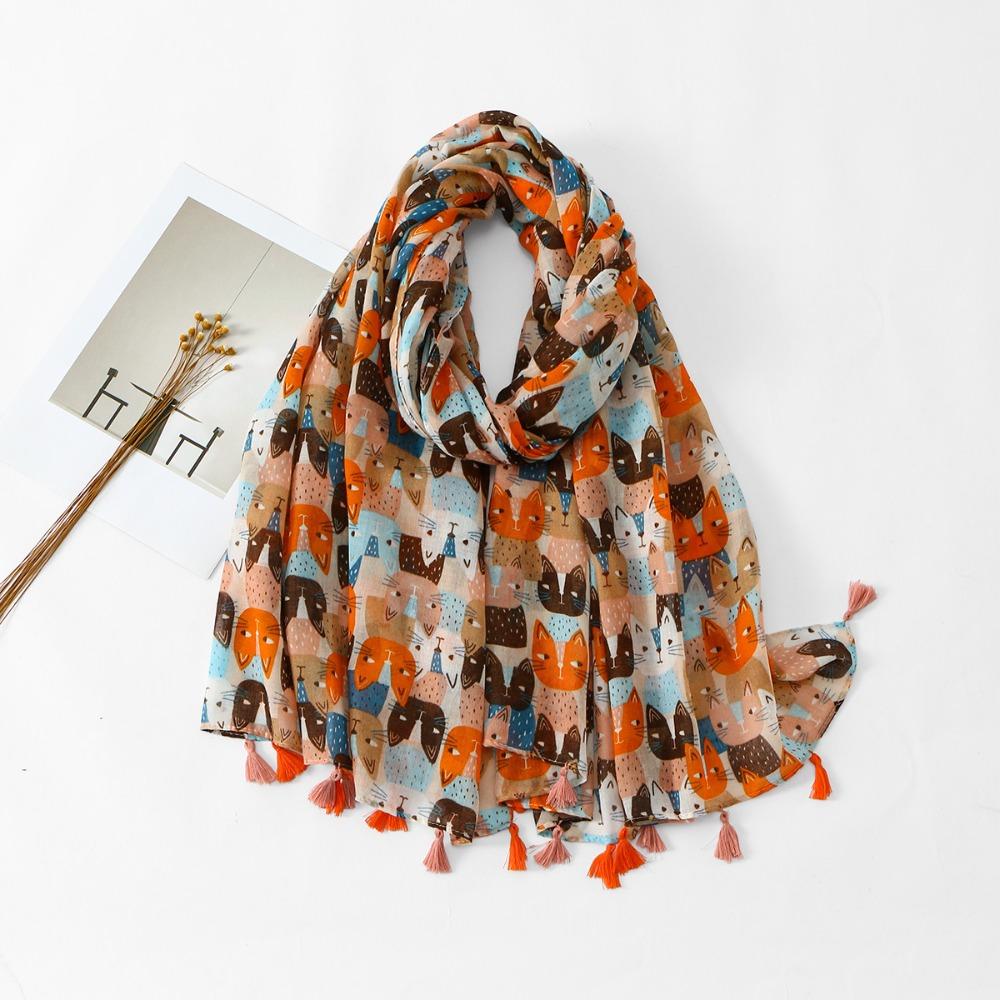 Bohemian Cat Pattern Tassel Scarf Long Animal Print Scarves Elegant Ethnic Style Wrap Female