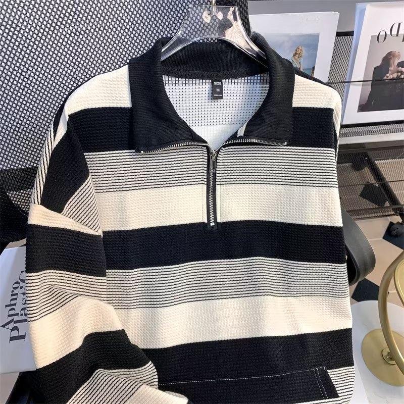 Унисекс ретро полосатая куртка свободного размера с длинными рукавами и полумолнией для осени и зимы