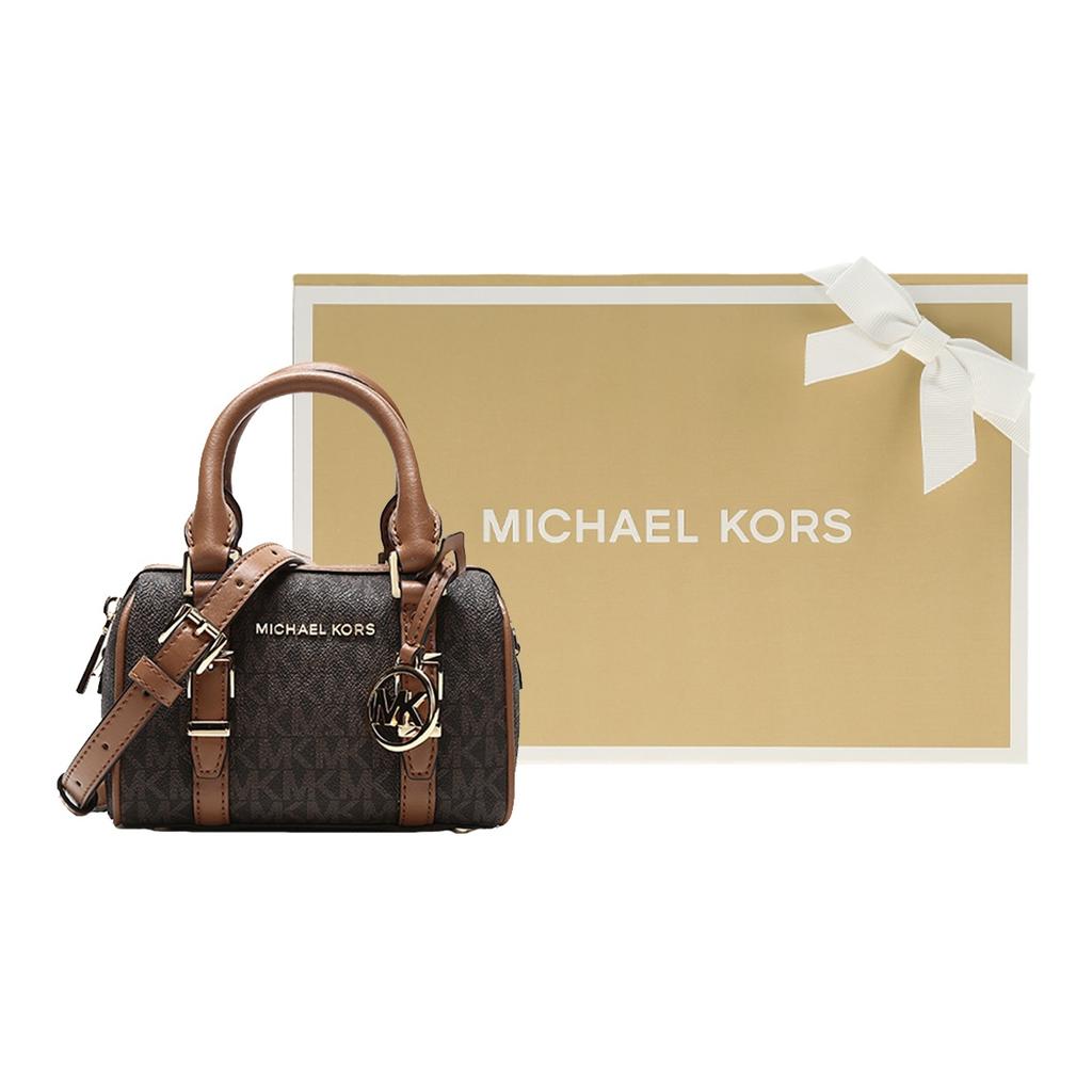 Michael Kors Bedford Металлический Логотип Шарм Монограмма Color Block Сумка через плечо Сумка Boston Женские сумки Acorn-Brown 32F9G06C0B-252