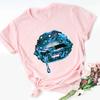 2024 Hot Sale Black T Shirt Unisex Pink Glitter Lips Graphic Print Tshirt Femme Luxurious Makeup Sexy Tshirt Haut Femme