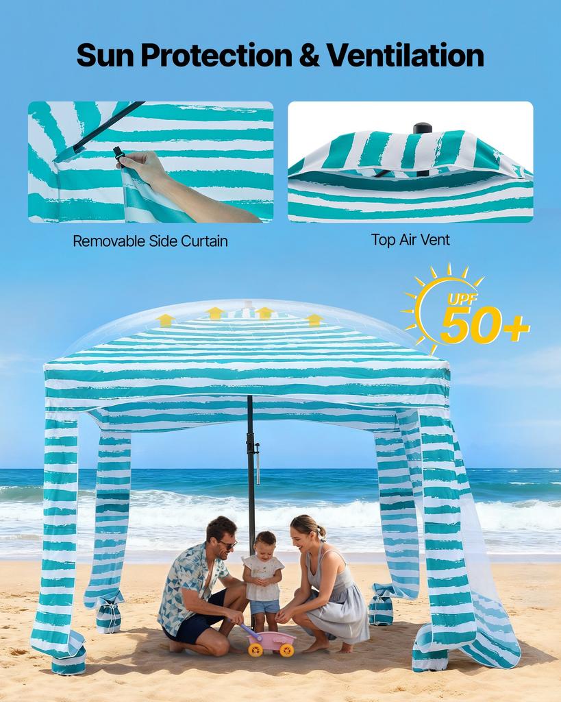 VEVOR Beach Cabana, 1.83 x 1.83 m Beach Canopy with Side Wall, UPF 50+ Protection Easy Setup Cabana Tent with Sand Pockets