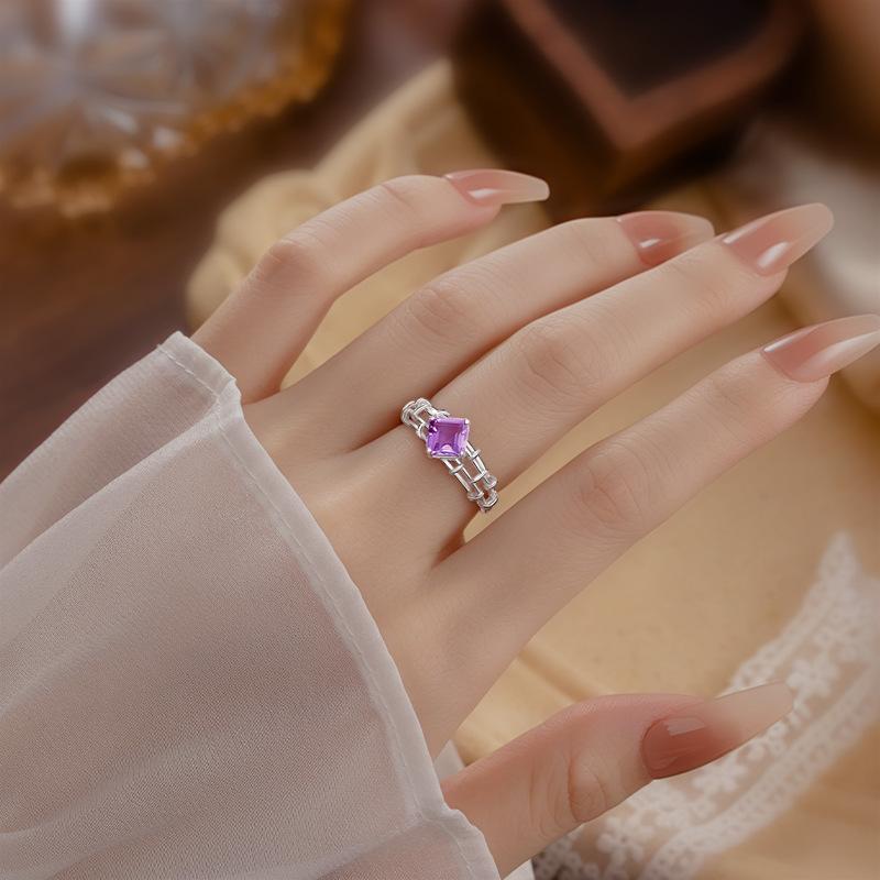 S925 sterling silver amethyst ring women's niche chain design inlaid garnet topaz light luxury high-end jewelry