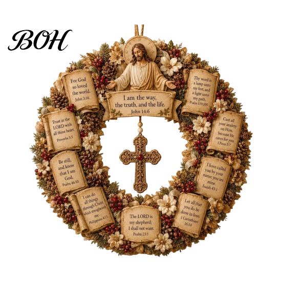 Spiritual Home Ornaments Christian Bible Verse Christmas Wreath, Pine Cones Decor, Religious Faith Hope Love Decor Scripture Wreath for Front
