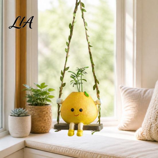 Living Room Hanging Decoration Cute Swinging Lemon Wall Ornament, Smiling Figurine, Resin Swing Fresh Home Accents Decor, Boho Art for Bedroom Balcony