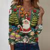 Women's Fashion Casual V-Neck Long Sleeve Decorative Button Christmas Print Top