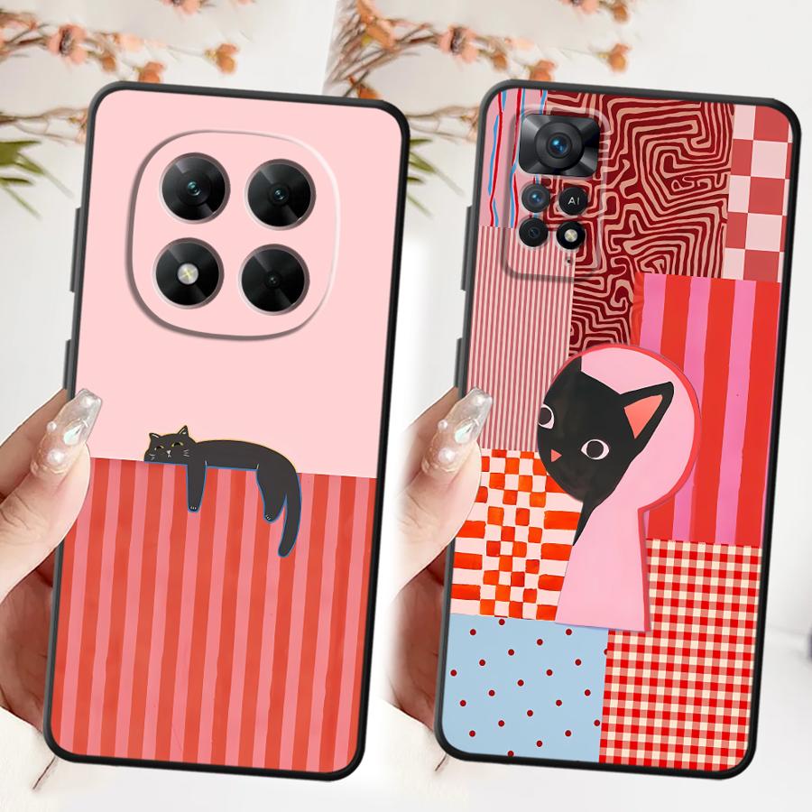 Художественный чехол с узором в полоску черной кошки для Xiaomi Redmi Note 10S 13 14 Pro Plus 12s 11s 9S 7 8 9 10 11 12 Pro Черный Мягкий Телефон