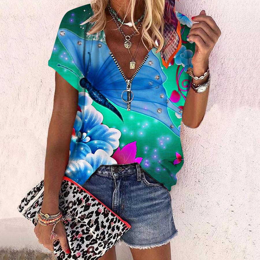 Женский топ, летний новый модный топ с великолепными цветами и принтом, повседневный топ на молнии с v-образным вырезом и короткими рукавами
