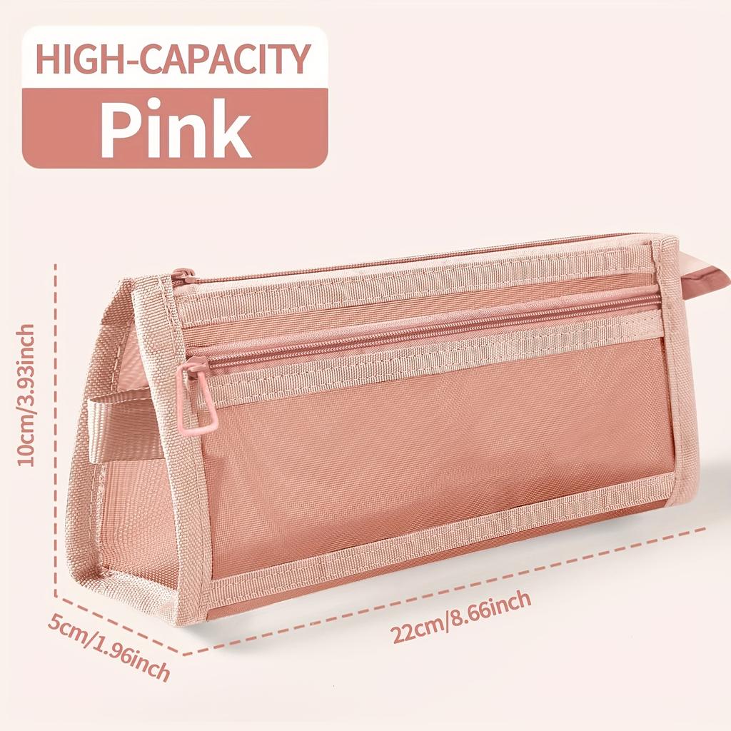 Desk Storage Morandi Grid Mesh Pencil Case, Clear Double-layer Cosmetic Makeup Bag with Zipper & Handle