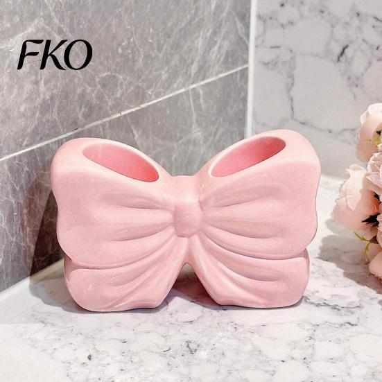 Sweet Style Bathroom Decor 3D Printed Bow Toothbrush Holder, Adhesive Cup with Dual Holes for Counter Organizer & Toothpaste, Cute Decor,