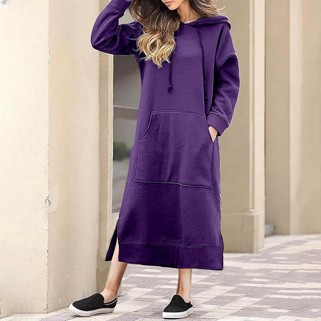 Women's Casual Solid Color Long Sleeve Hoodie Long Dress