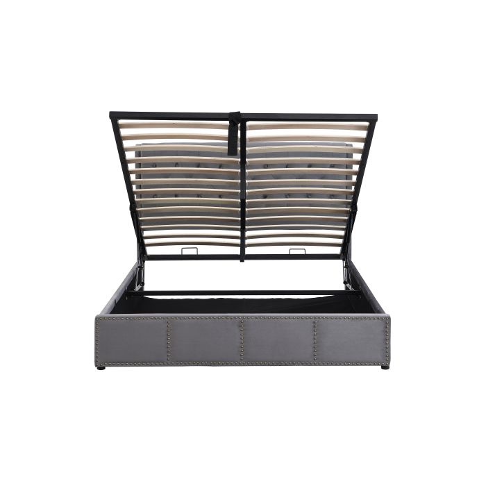Lit rembourré, avec levier hydraulique, décoration rivetée, 140 x 190 cm, sans matelas, velours, gris