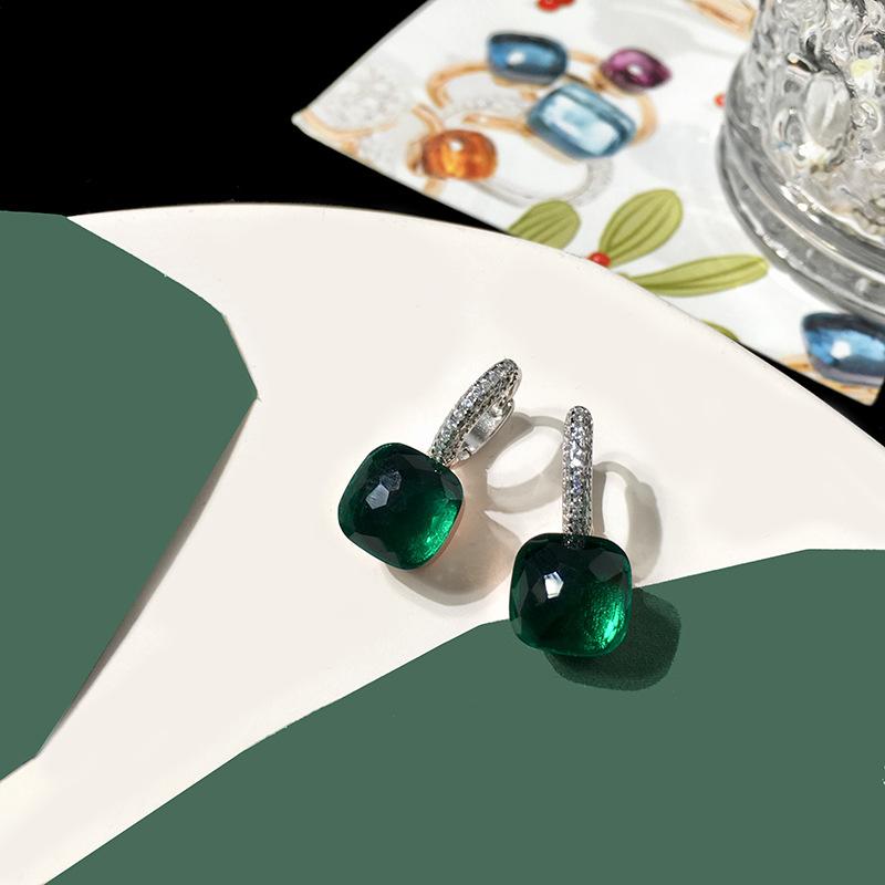 Серебряные серьги с темперой и бриллиантами конфетного цвета, квадратные серьги-гвоздики с кристаллами