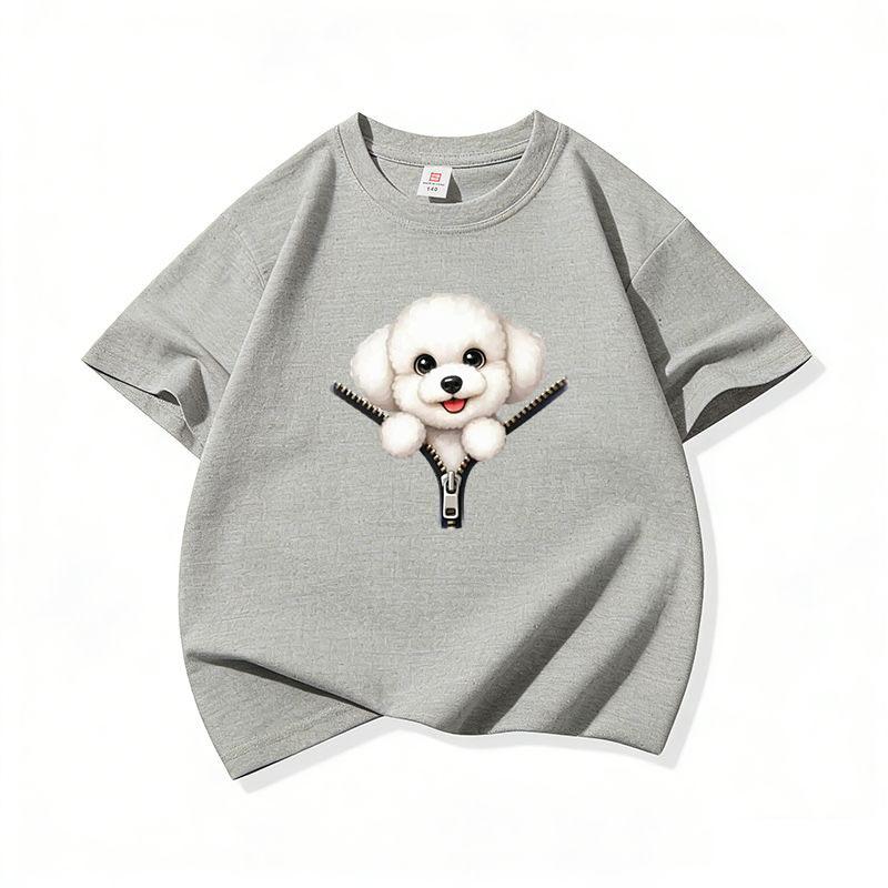 Kids Cotton T Shirt Cute Bichon Frise Puppy Dog Zipper Print Crew Neck Short Sleeve Tee Casual Boys Girls Summer Tops