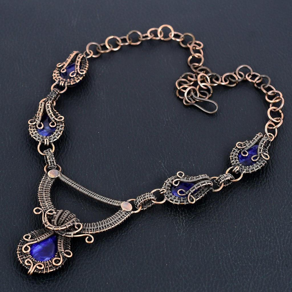 Ожерелье с синим сапфиром, Ожерелье из драгоценных камней ручной работы, Ожерелье, обернутое медной проволокой 999 пробы, Антикварное украшение, Для подарка на помолвку