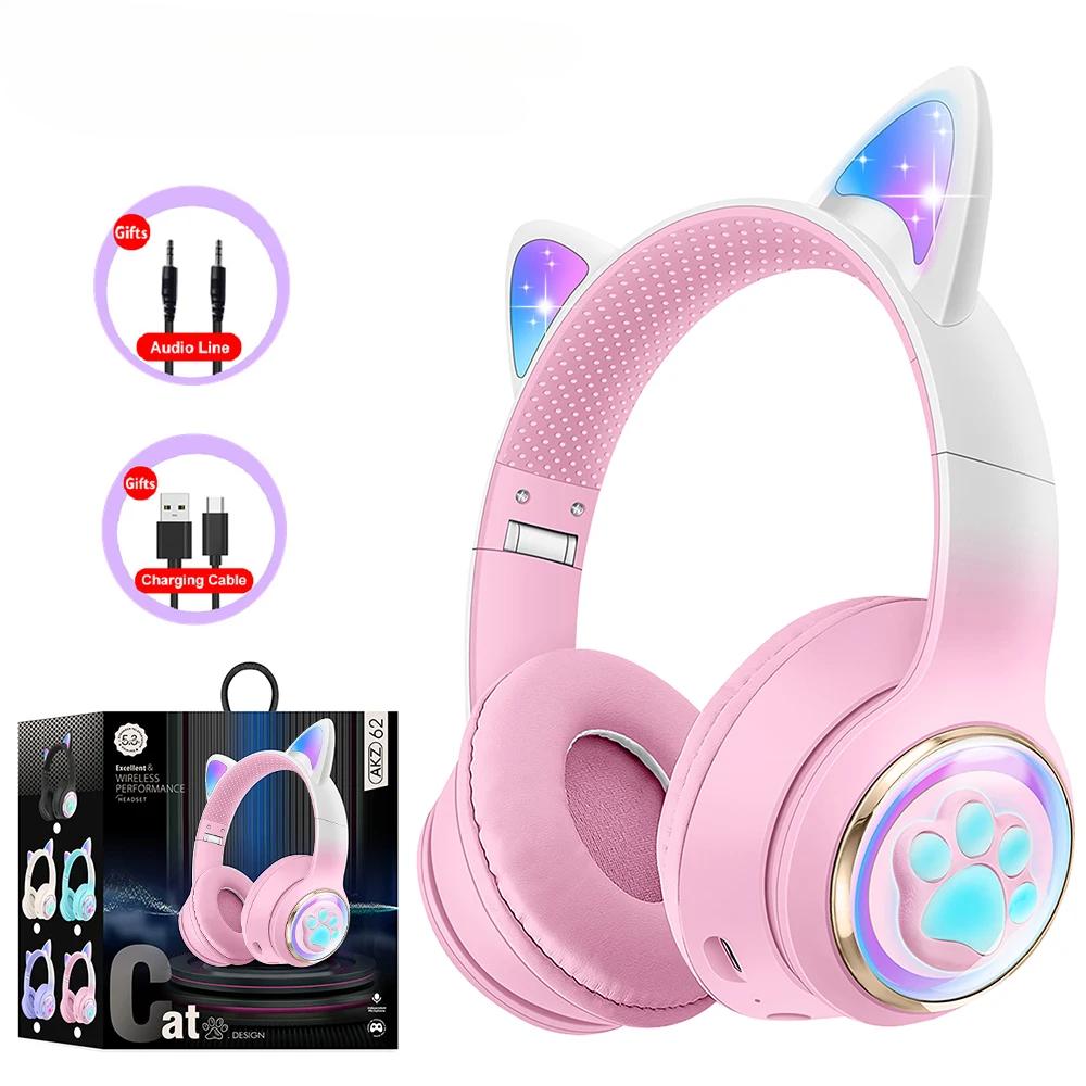 AKZ-62 RGB кошачьи ушки беспроводные наушники для ПК симпатичная 3D космическая капсула кошка Bluetooth гарнитура складная игровая гарнитура для детей девочек подарки