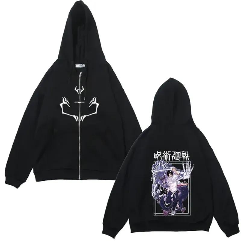 Куртки на молнии в стиле аниме, толстовки с принтом Jujutsu Kaisen, флисовые толстовки с принтом Satoru Gojo, манга, повседневные пальто, уличная одежда, одежда Y2K