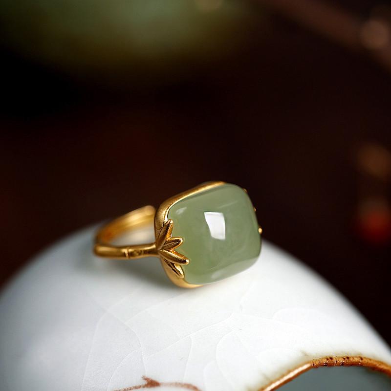Hetian Jade Cloud Ring: Elegant Women's Open Chalcedony Jadeite with Retro Bamboo Design