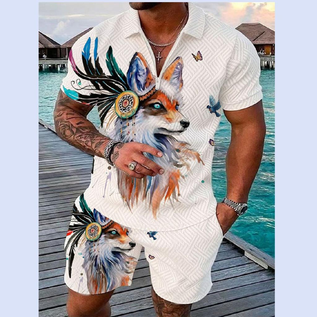 Летний тренд, мужской спортивный костюм, свободный комплект с животным 3D принтом, повседневная рубашка поло на молнии и шорты, комплект из 2 предметов, комплект мужской одежды, спортивный костюм