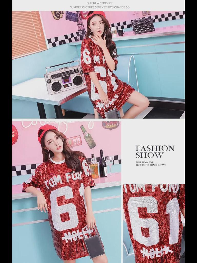 2024 Трендовая корейская хип-хоп футболка с коротким рукавом с пайетками для женщин