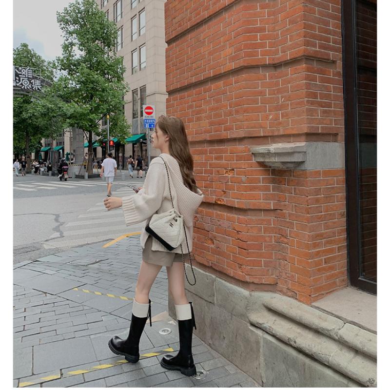 Толстая подошва Niche Color Block Long Tube Knight Boots Женская обувь Осень-зима Средние ботинки Стелька из резинового латекса